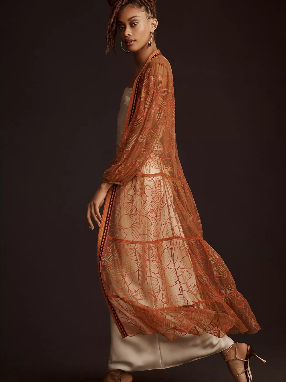 Sheer Floral Embroidered Duster Coverup in Rust Orange - Picture 1 of 8